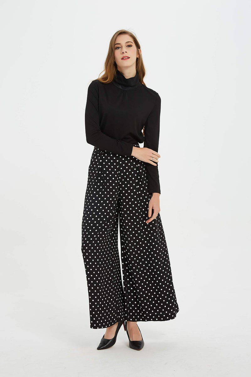 Tronjori Women High Waist Casual Wide Leg Long Palazzo Pants Trousers Regular Size(XL, White Dot) - Image 2